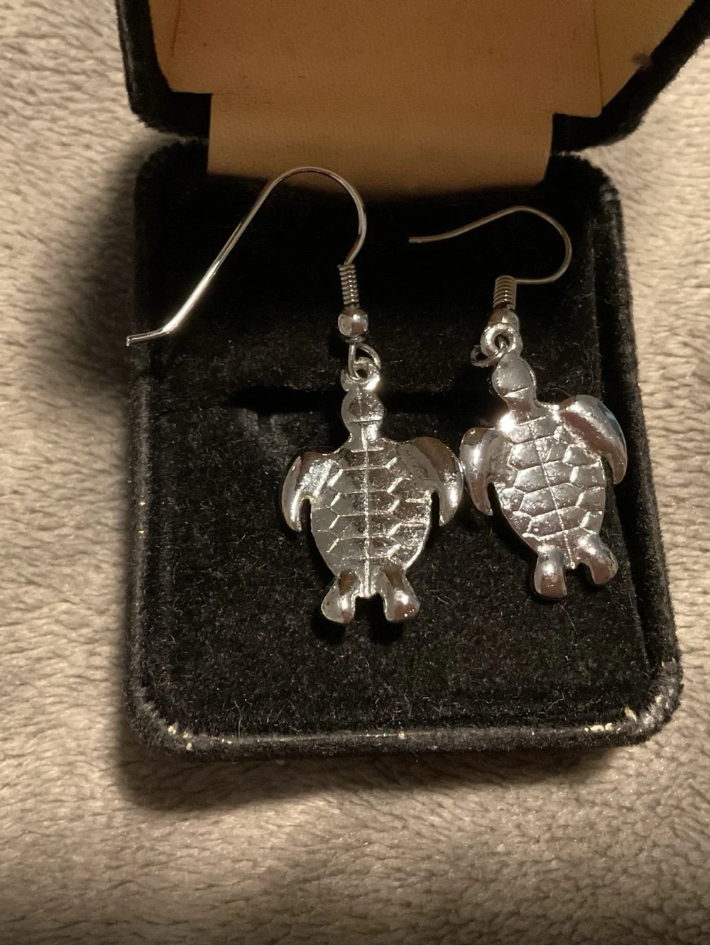 Silver Turtle Dangle Earrings with Blue Abalone Inlay